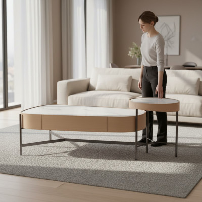 Woonkamerset 2x salontafel bijzettafel beige Modern Luxe Roestvrij staal