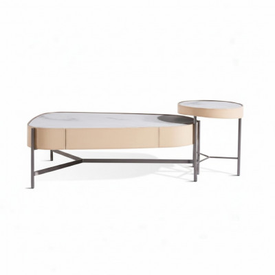Woonkamerset 2x salontafel bijzettafel beige Modern Luxe Roestvrij staal