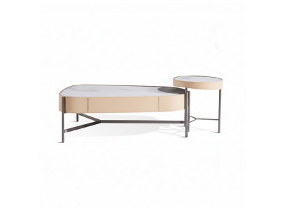 Woonkamerset 2x salontafel bijzettafel beige Modern Luxe Roestvrij staal