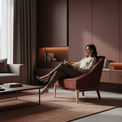 Rode design fauteuil met houten poten stoffen fauteuil eenzitter woonkamer meubels