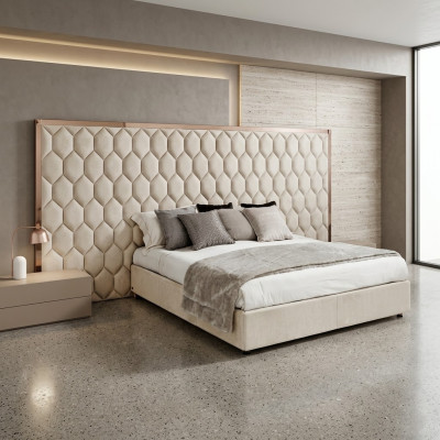 Groot beige tweepersoonsbed, ontwerpersbed, bedframe met hoofdeinde, meubels