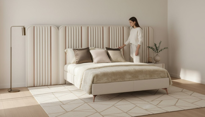 Slaapkamer, tweepersoonsbed, beige bedframe, kingsize bed, luxe meubels