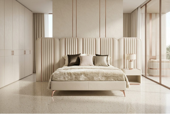 Kingsize bed, tweepersoonsbed, slaapkamermeubels, groot hoofdeinde, houten frame.