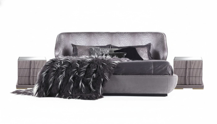 Grijze slaapkamer set Bed 2x Nachtkastjes Designer Tweepersoonsbed Hout 3-delig