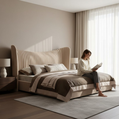 Beige tweepersoonsbed ontwerper houten bedden bedframes slaapkamer meubels bed