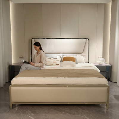 Slaapkamer Bed Bedden Ontwerper Tweepersoonsbed Natuurlijk houten bed Bedframe Beige