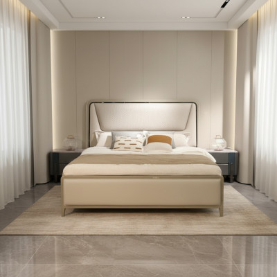 Slaapkamer Bed Bedden Ontwerper Tweepersoonsbed Natuurlijk houten bed Bedframe Beige