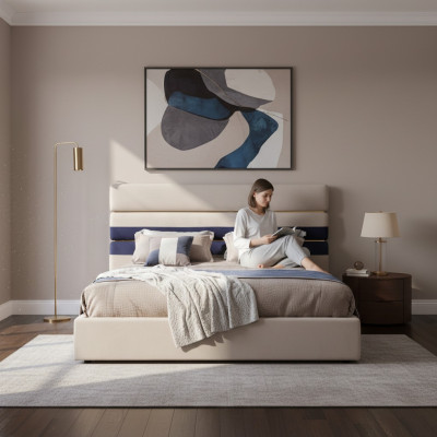 Modern design tweepersoonsbed met houten frame Stijlvol bed Nieuw in beige
