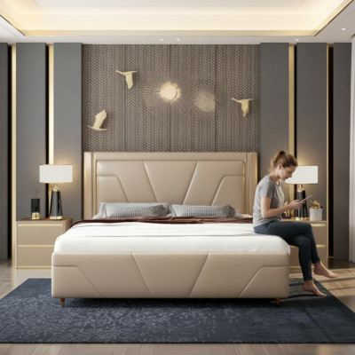 Slaapkamer bed gestoffeerd design meubels luxe tweepersoons beige bedden modern