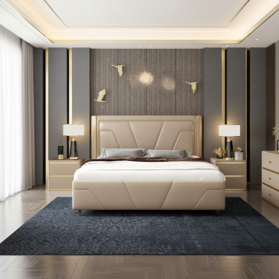Slaapkamer bed gestoffeerd design meubels luxe tweepersoons beige bedden modern
