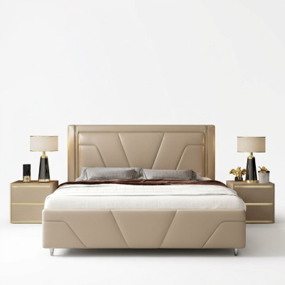 Slaapkamer bed gestoffeerd design meubels luxe tweepersoons beige bedden modern