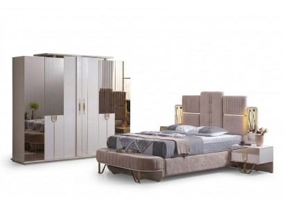 Luxe slaapkamerset van 5 delen. Bed, 2 nachtkastjes, kledingkast, bank. Modern.