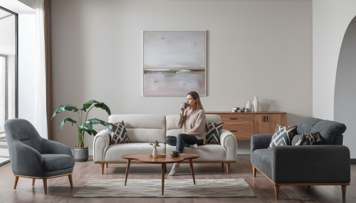 Bankstel 3+3+1 zits set woonkamer compleet textiel houten bank stoel Nieuw