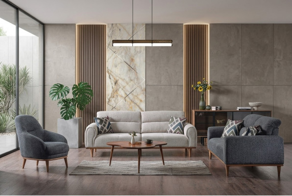Bankstel 3+3+1 zits set woonkamer compleet textiel houten bank stoel Nieuw