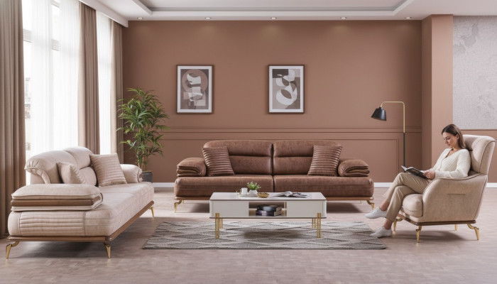 Meubel woonkamerset 3+3+1 zitplaatsen bankstel 2x bankstellen fauteuil bruin