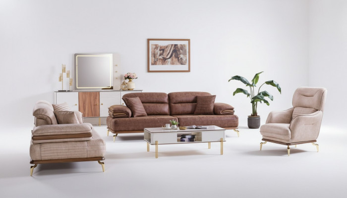 Meubel woonkamerset 3+3+1 zitplaatsen bankstel 2x bankstellen fauteuil bruin