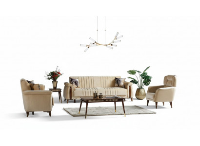 Sofaset 3+3+1 Zits Woonkamerset Compleet Textiel Bank Fauteuil Hout Beige