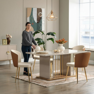Eetkamerset Modern Eettafel + 6x stoelen Tafel Hout Beklede stoel 7-delig