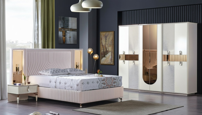 Luxe slaapkamer set: bed, 2 nachtkastjes, kast van hout. Compleet, modern en nieuw.