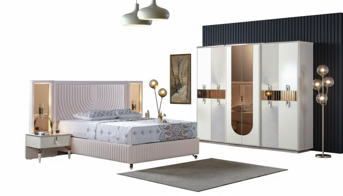 Luxe slaapkamer set: bed, 2 nachtkastjes, kast van hout. Compleet, modern en nieuw.
