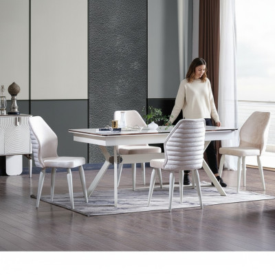 Eetkamerset Moderne Eettafel + 6x Stoelen Tafel Hout Beklede Stoel 7-delig Nieuw
