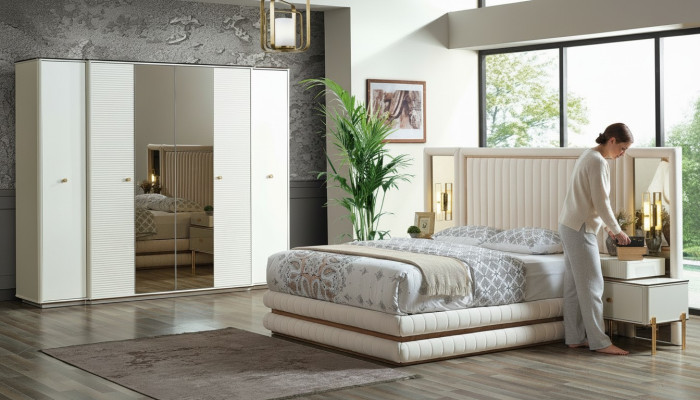 Slaapkamer set Bed 2x Nachtkastjes Kledingkast Design Meubels 4-delig Beige