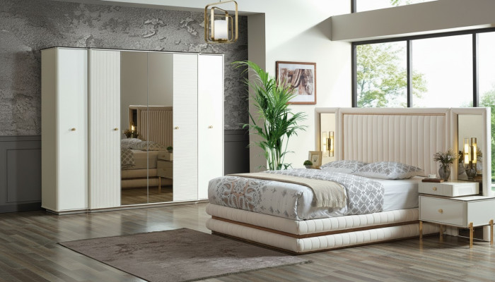 Slaapkamer set Bed 2x Nachtkastjes Kledingkast Design Meubels 4-delig Beige