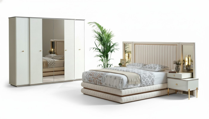 Slaapkamer set Bed 2x Nachtkastjes Kledingkast Design Meubels 4-delig Beige