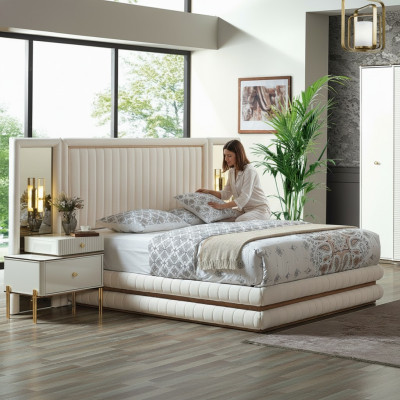 Modern slaapkamer set bed + 2x nachtkastjes design meubels 3-delig. Beige