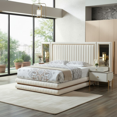 Modern slaapkamer set bed + 2x nachtkastjes design meubels 3-delig. Beige