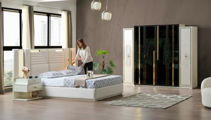 Modern slaapkamer set Bed + 2x nachtkastjes + kledingkast Design meubels 4-delig