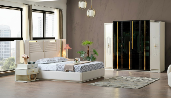 Modern slaapkamer set Bed + 2x nachtkastjes + kledingkast Design meubels 4-delig