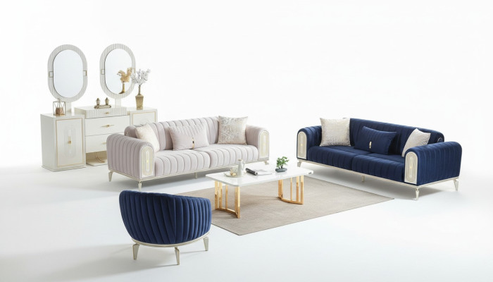 Bankstel 3+3+1 zits woonkamerset compleet textiel bank fauteuil hout Blauw