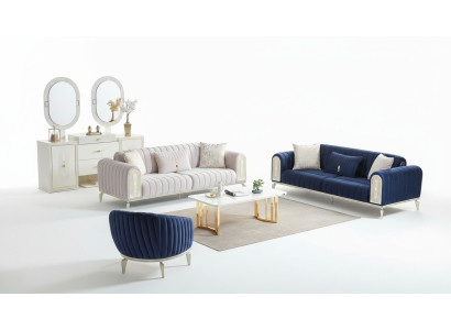 Bankstel 3+3+1 zits woonkamerset compleet textiel bank fauteuil hout Blauw