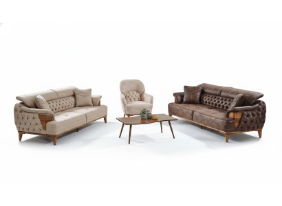 Bankstel 3+3+1 Hout Woonkamer Luxe Bank Chesterfield Stof Nieuw Compleet