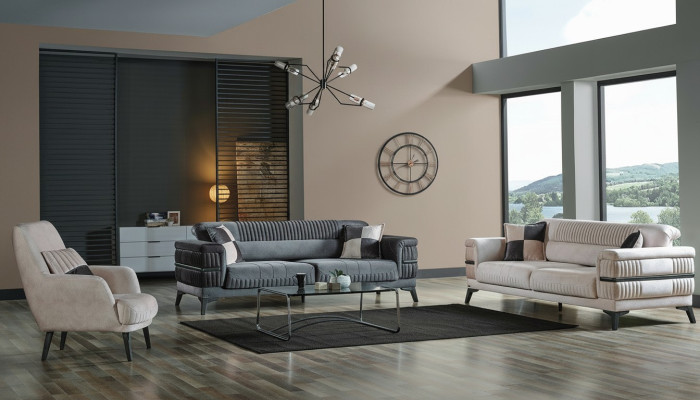 Bankstel 3+3+1 hout luxe woonkamer moderne stoffen nieuw compleet