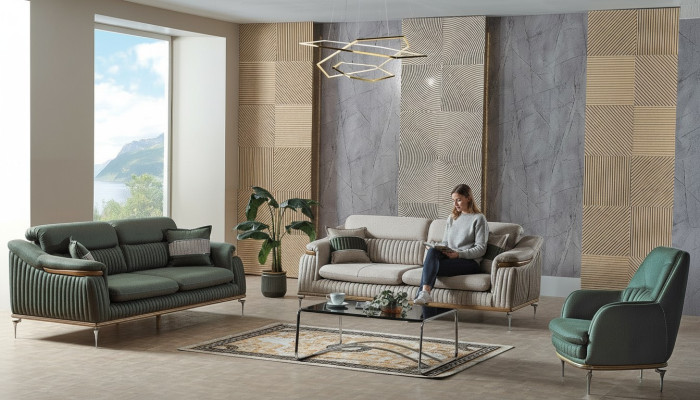 Bankstel 3+3+1 zits woonkamerset compleet textielbank fauteuil hout EU