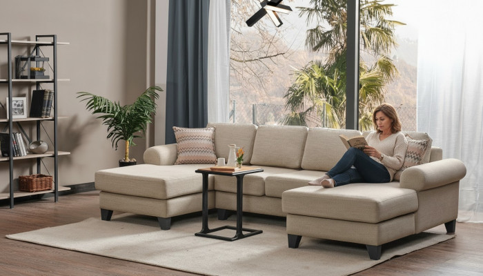 Woonlandschap hoekbank U-vorm bank zitting bekleding sofa luxe meubels banken modern