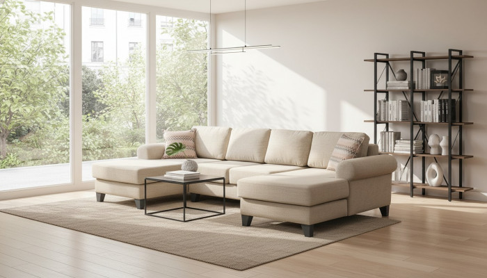 Woonlandschap hoekbank U-vorm bank zitting bekleding sofa luxe meubels banken modern