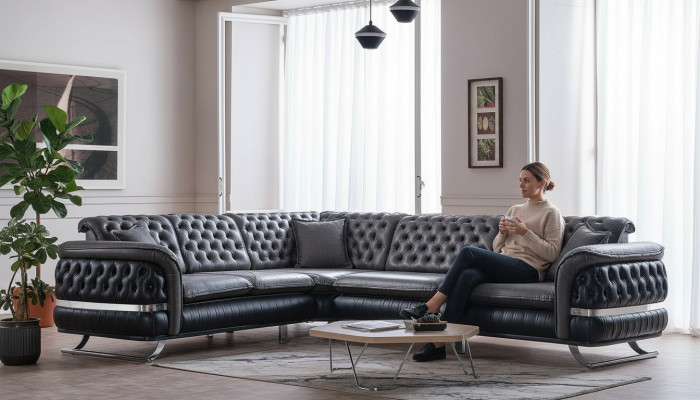 Hoekbank woonlandschap Kleur Zwart U Vorm XXL Bank Nieuw Chesterfield Nieuw