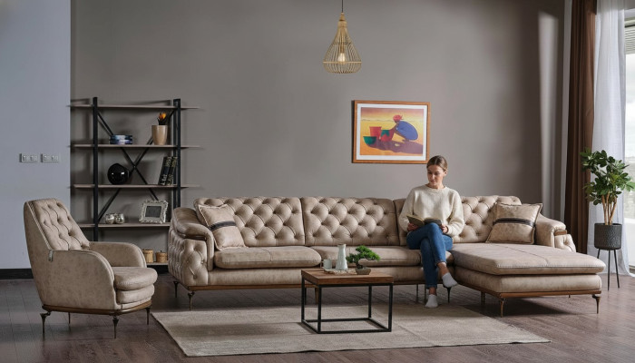 Luxe woonkamerset fauteuil hoekbank L-vorm modern Chesterfield compleet