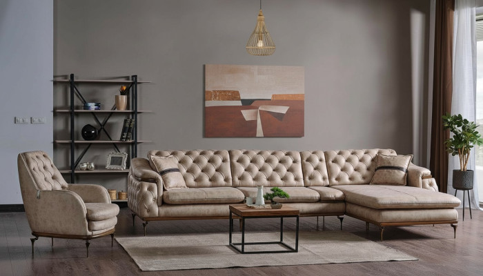 Luxe woonkamerset fauteuil hoekbank L-vorm modern Chesterfield compleet
