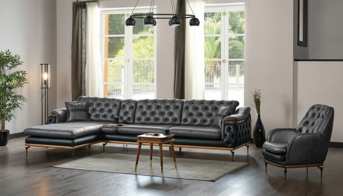 Zwart woonkamer set hoekbank L-vorm fauteuil modern Chesterfield compleet