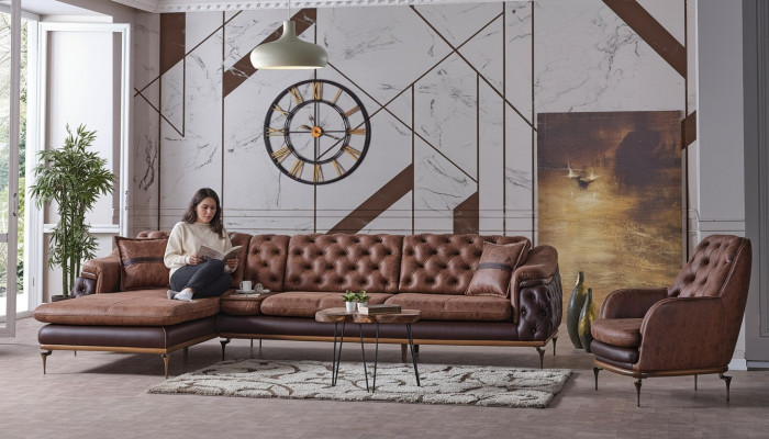 Hoekbank L-vorm Fauteuil Bruin Compleet Woonkamerset 2-delig Luxe Bruin