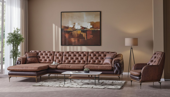 Hoekbank L-vorm Fauteuil Bruin Compleet Woonkamerset 2-delig Luxe Bruin
