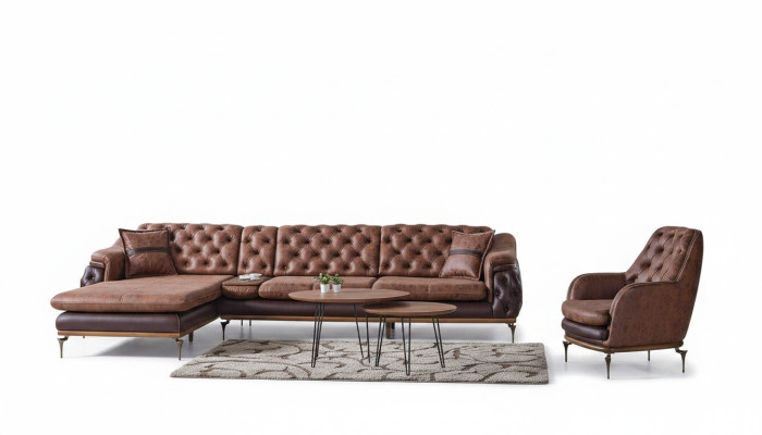 Hoekbank L-vorm Fauteuil Bruin Compleet Woonkamerset 2-delig Luxe Bruin