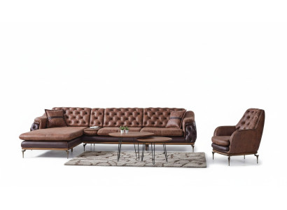 Hoekbank L-vorm Fauteuil Bruin Compleet Woonkamerset 2-delig Luxe Bruin