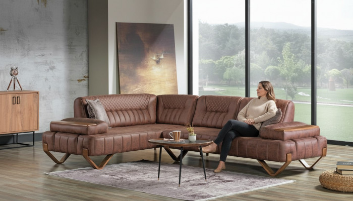 Hoekbank woonlandschap kleur bruin L-vorm bank nieuw woonkamer hoekbank luxe nieuw