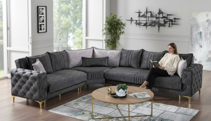 Grijze woonkamer hoekbank L-vormig Modern Chesterfield Nieuwe luxe bankstel