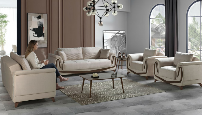 Bankstel 3+2+1+1 hout woonkamer luxe bank modern stof compleet nieuw